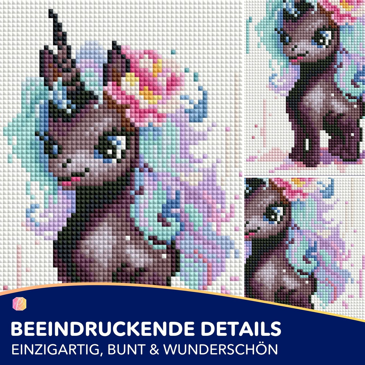 Diamond Painting Set Mini Motiv Einhorn Serafina mit Blüten in Watercolor Optik für kreatives Basteln