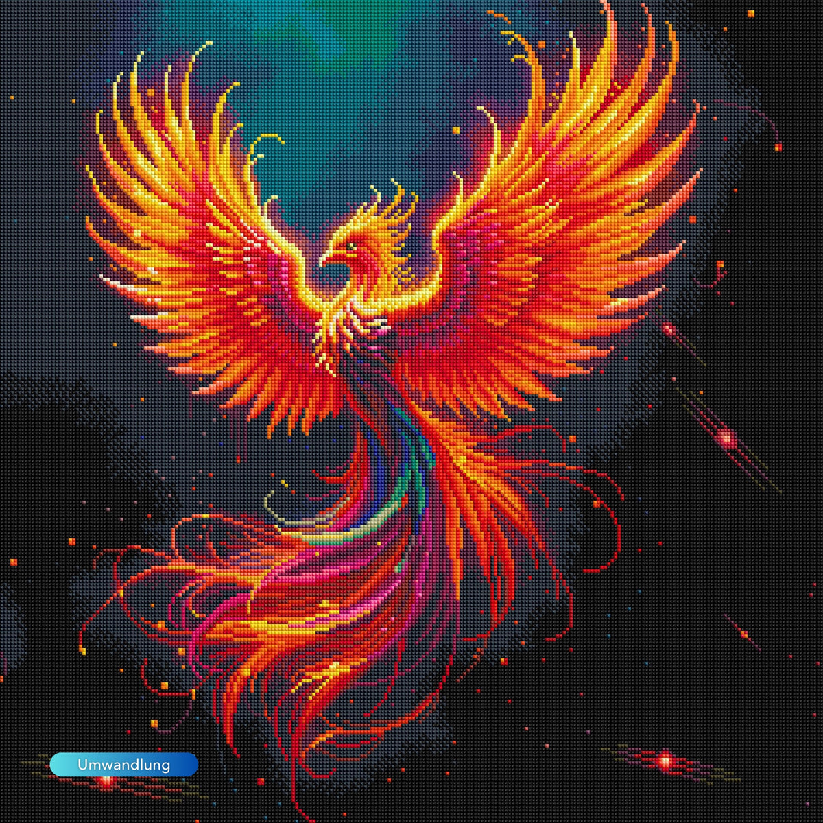 Diamond Painting Set eines bunten Phönix mit leuchtenden Steinen vor dunklem Hintergrund, 60x60cm Fantasy-Motiv