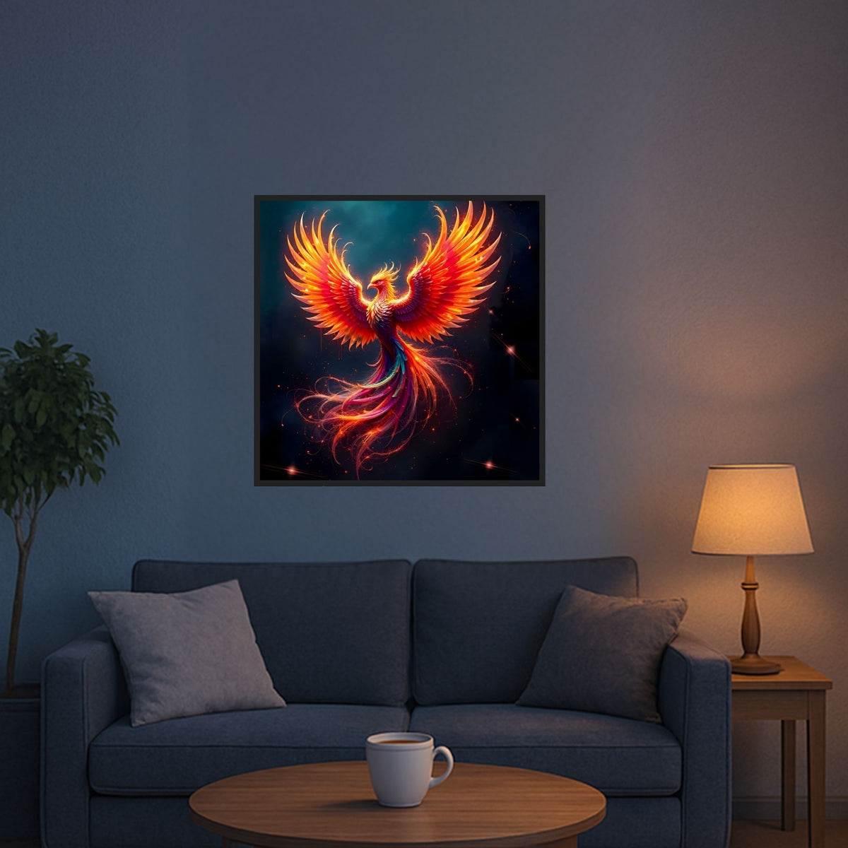Diamond Painting Set Sparkle Phönix als buntes Fantasy-Wandbild mit glitzernden Details über einem Sofa im Wohnzimmer.