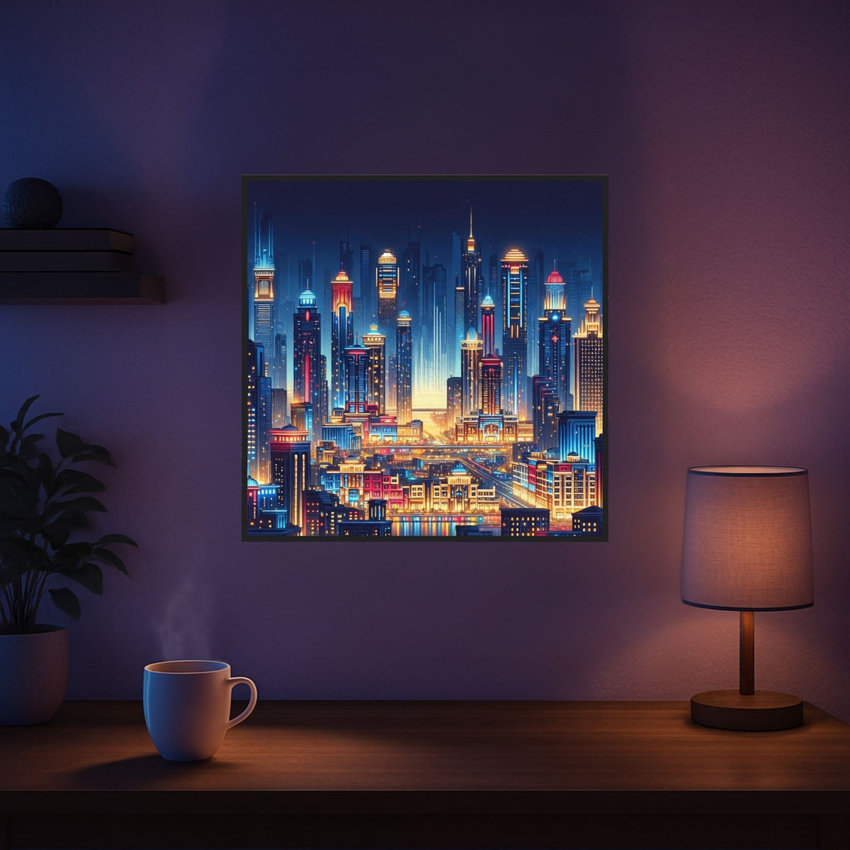 Diamond Painting Set Stadt der Lichter mit bunter Skyline und funkelnden AB-Steinen als Wandbild im Schlafzimmer