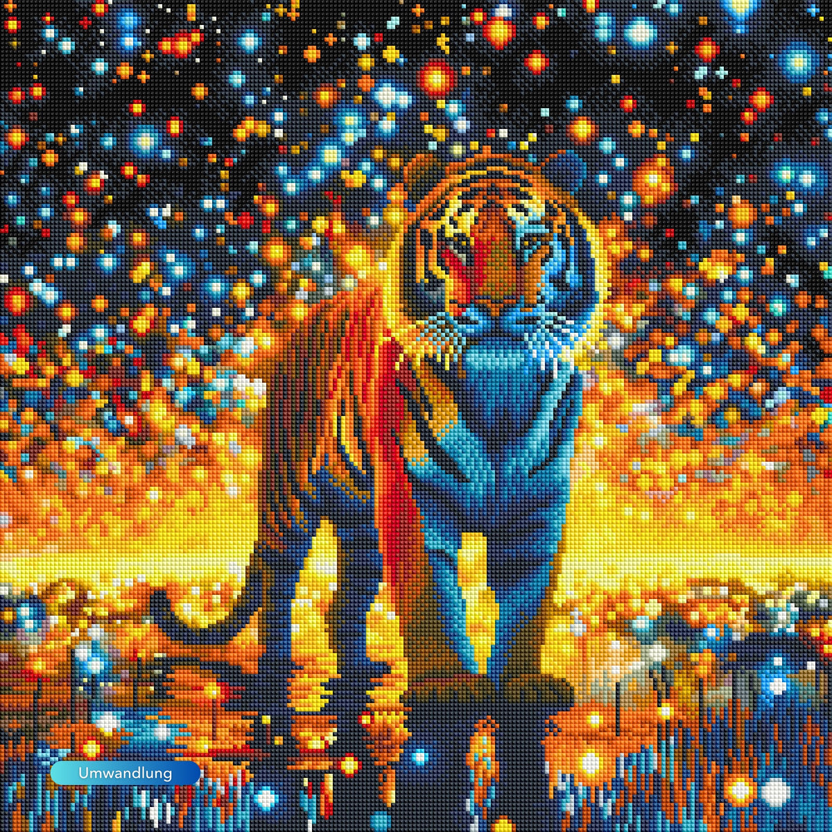Diamond Painting Sternenwächter: Bunter Tiger im magischen Sternenhimmel mit eckigen Steinen auf 50x50cm Leinwand.