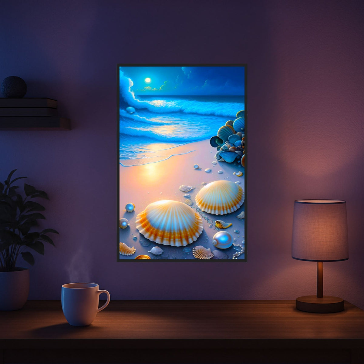 Diamond Painting Set Strand bei Nacht mit funkelnden Muscheln und Mondschein, gerahmtes Bild an einer Wand.