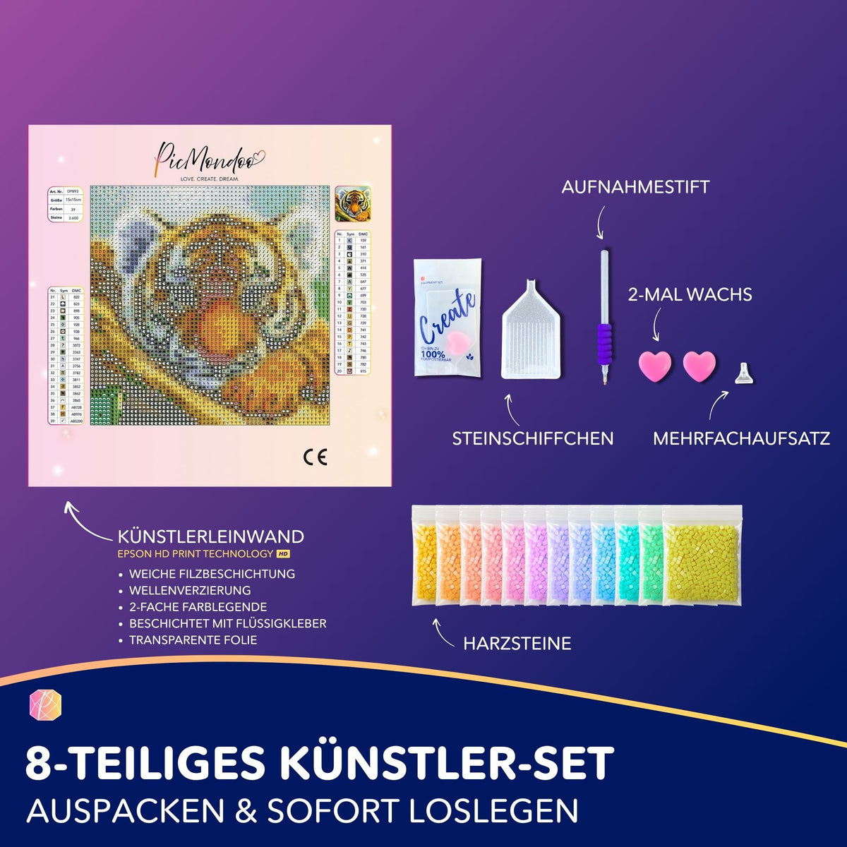 Diamond Painting Set Tigerbaby mit Leinwand, bunten Harzsteinen, Aufnahmestift und Zubehör für kreatives Basteln