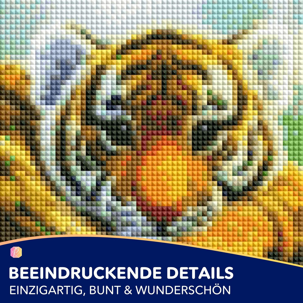 Diamond Painting Set mit süßem Tigerbaby Motiv bestehend aus glitzernden, bunten Diamantsteinen in Nahaufnahme