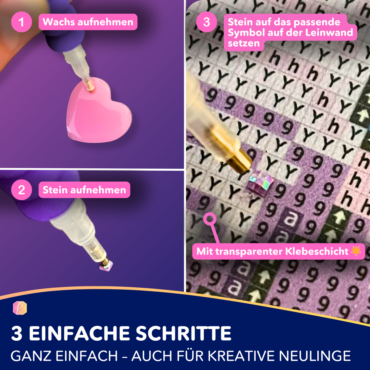 Anleitung für Diamond Painting: Drei einfache Schritte zum Setzen der glitzernden Steine auf die Klebeschicht der Leinwand.