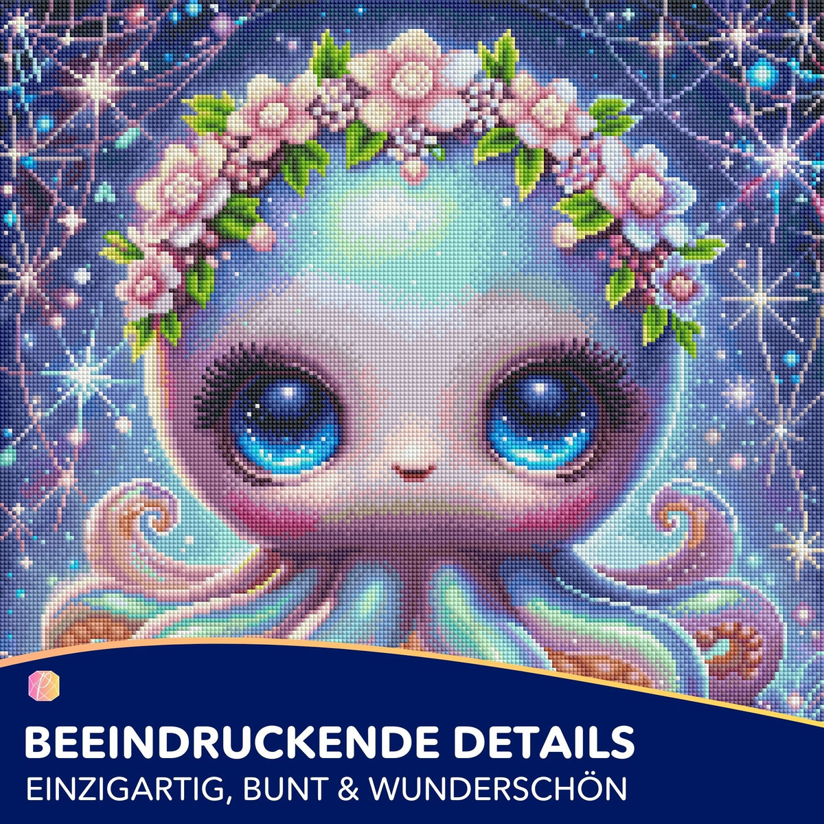 Diamond Painting Set Tinty: Süßer Oktopus mit Blumenkranz, eckigen Steinen und funkelndem Feenstaubeffekt.