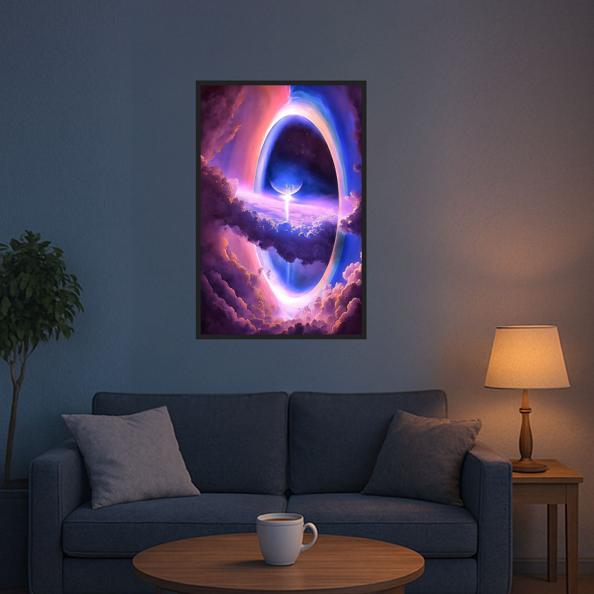 Diamond Painting Set Tor in die andere Welt mit leuchtenden Farben, Mond und Wolken als gerahmte Wanddekoration.
