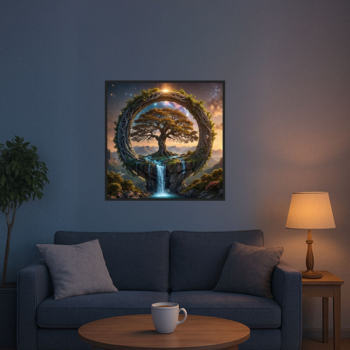 Diamond Painting Set Tor zur Anderswelt mit Fantasy-Baum und Wasserfall als fertiges Kunstwerk im Wohnzimmer