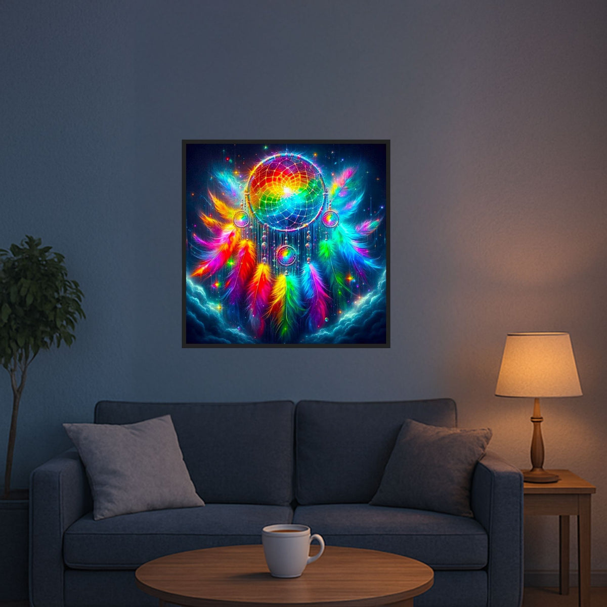 Diamond Painting Traumfänger mit bunten Federn im 100 Farben Design für ein leuchtendes Fantasy Kunstwerk an der Wand