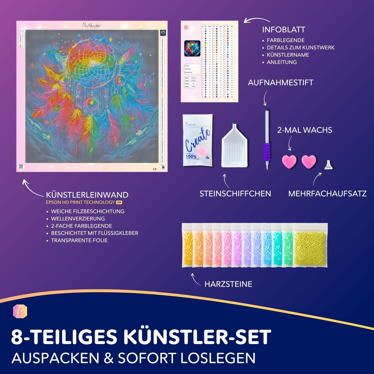 Diamond Painting Set Träumerei im Federspiel mit bunter Traumfänger-Leinwand, Zubehör und 100 Farben Steinen.