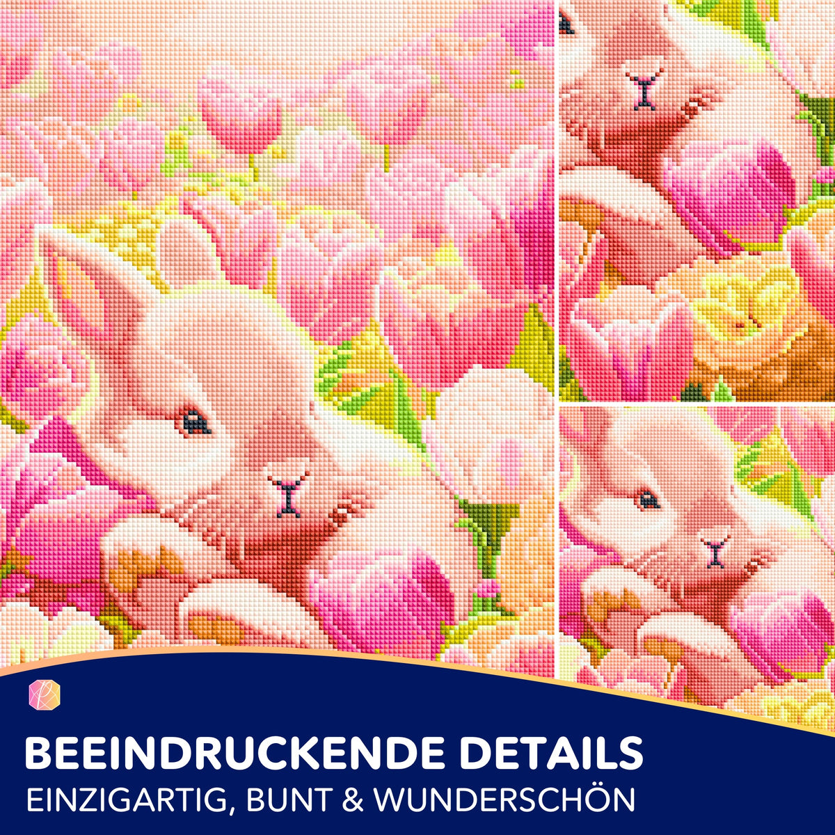 Diamond Painting Set mit Osterhasen inmitten von rosafarbenen Tulpen, detaillierte eckige Steine mit Glitzereffekt