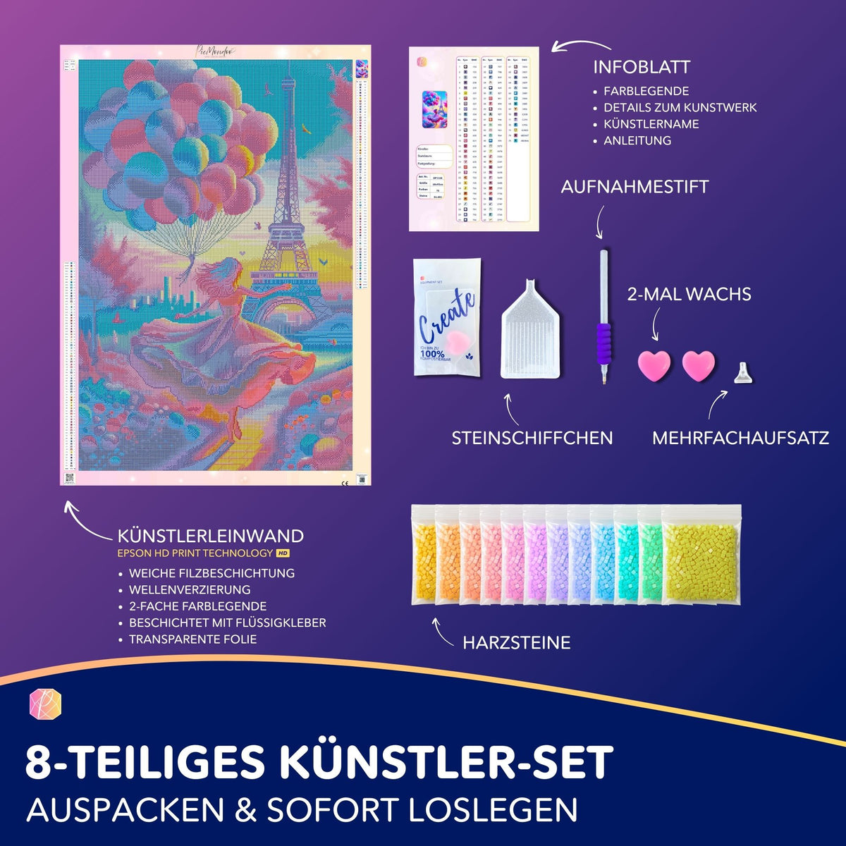 Diamond Painting Set Verträumtes Paris mit Eiffelturm, Leinwand, Harzsteinen und Zubehör für DIY Kunstwerke.
