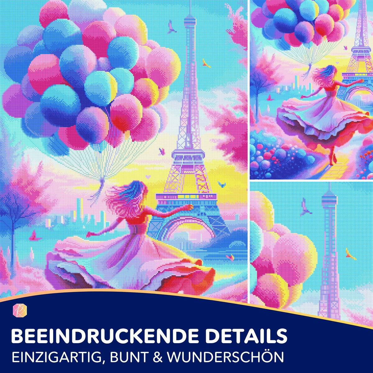 Diamond Painting Set Verträumtes Paris mit Eiffelturm, tanzender Frau und bunten Luftballons in leuchtenden Farben.