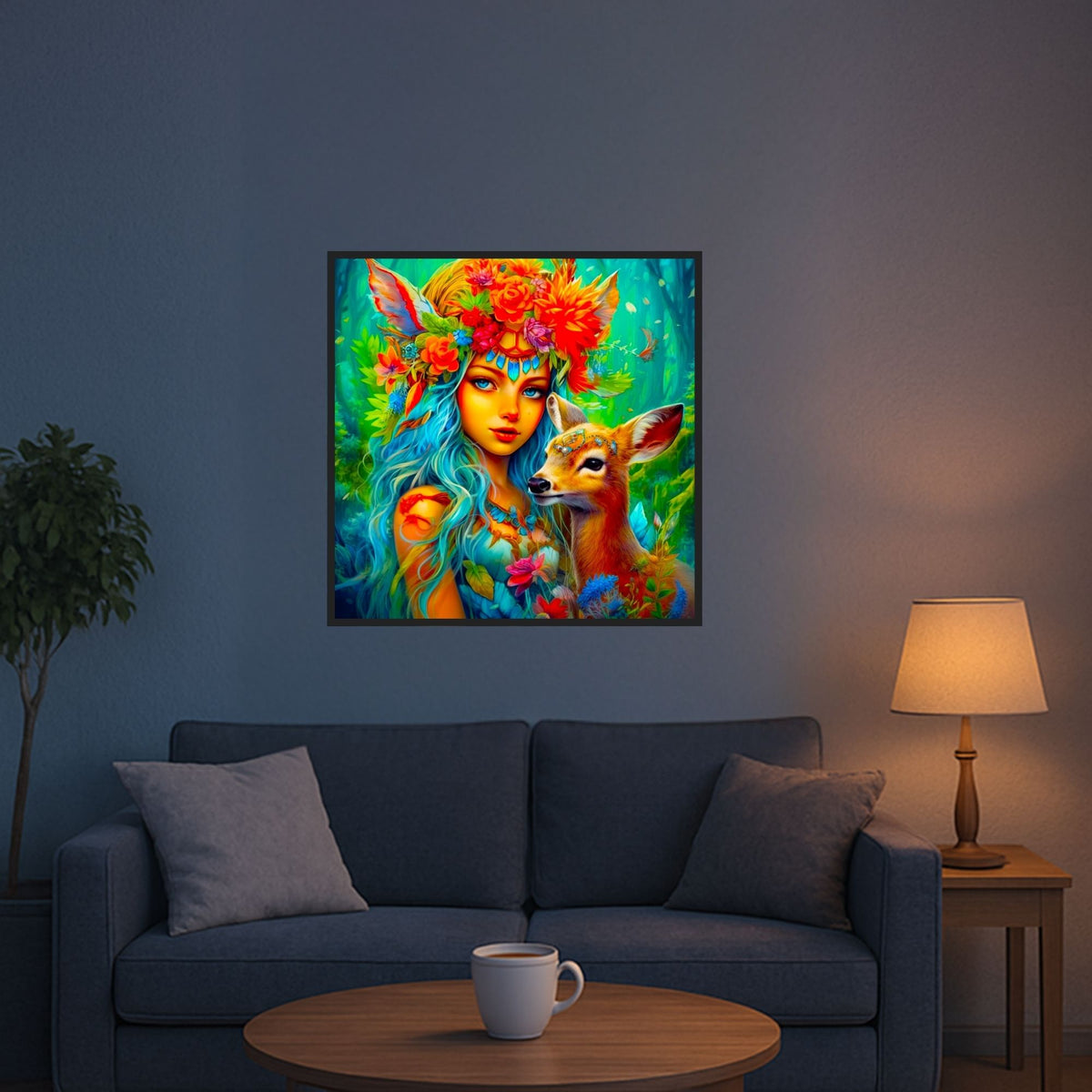 Diamond Painting Waldmädchen mit Reh: Buntes Fantasy-Motiv mit Blumen und funkelnden Steinen als Wanddekoration im Wohnzimmer
