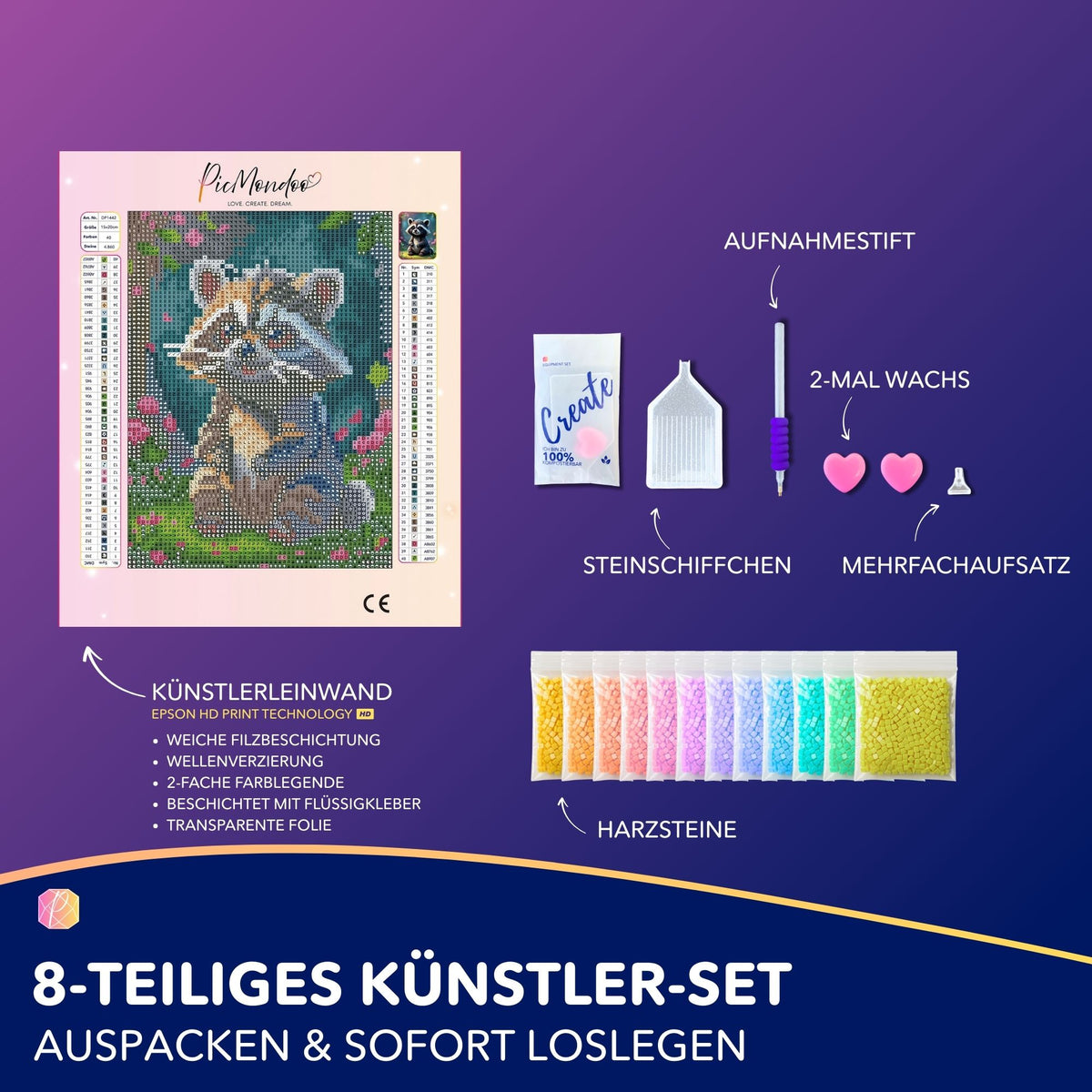 Diamond Painting Set Waschbär Brownie mit Leinwand, bunten Harzsteinen und Zubehör für ein kreatives Bastelprojekt