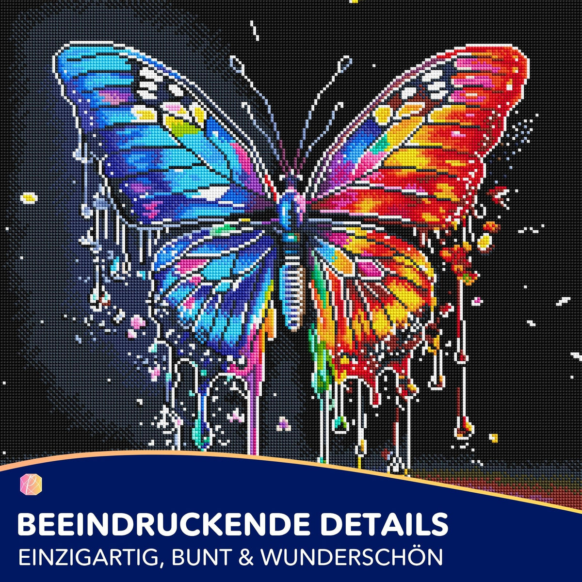 Buntes Diamond Painting Motiv eines Schmetterlings mit Wassertropfen-Effekt auf schwarzem Hintergrund aus Strasssteinen.