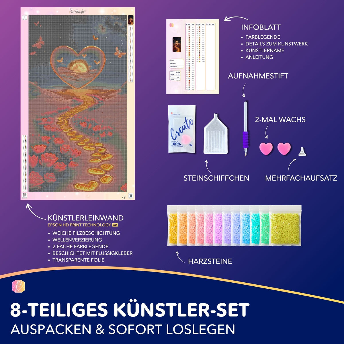 Diamond Painting Set Weg der Liebe mit Leinwand, Rosen-Motiv, Glitzersteinen und Bastelzubehör zum Diamond Painting