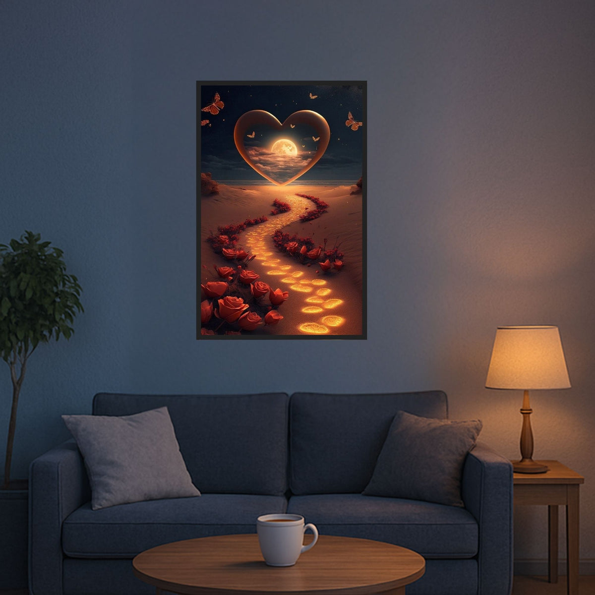 Diamond Painting Weg der Liebe: Romantischer Weg aus Rosen und Mondlicht führt zu einer Herz-Form mit Schmetterlingen