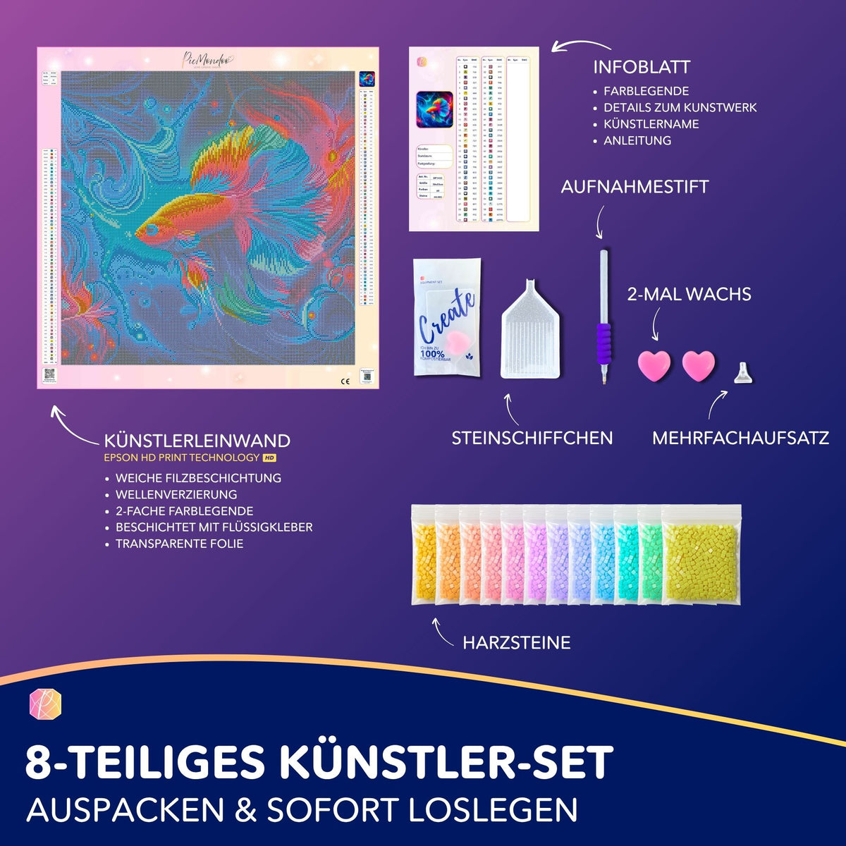 Diamond Painting Set Wunderwelt unter Wasser mit Leinwand, bunten Harzsteinen und Zubehör für DIY-Kunstwerke.