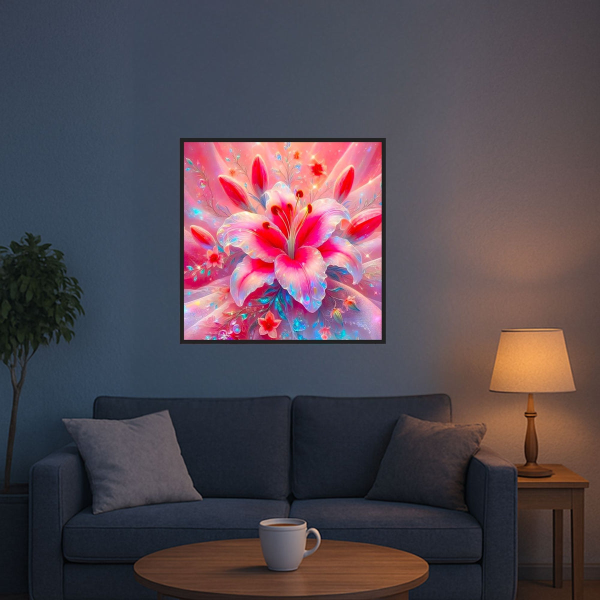 Fertiges Diamond Painting Set mit zarter rosafarbener Lilie als blumiges Wandbild in einem gemütlichen Wohnzimmer.