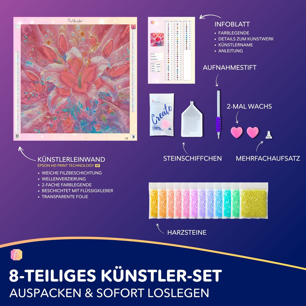Diamond Painting Set Zarte Lilie in Rosé mit Leinwand, Glitzersteinen und Bastelzubehör für kreative DIY-Kunstwerke