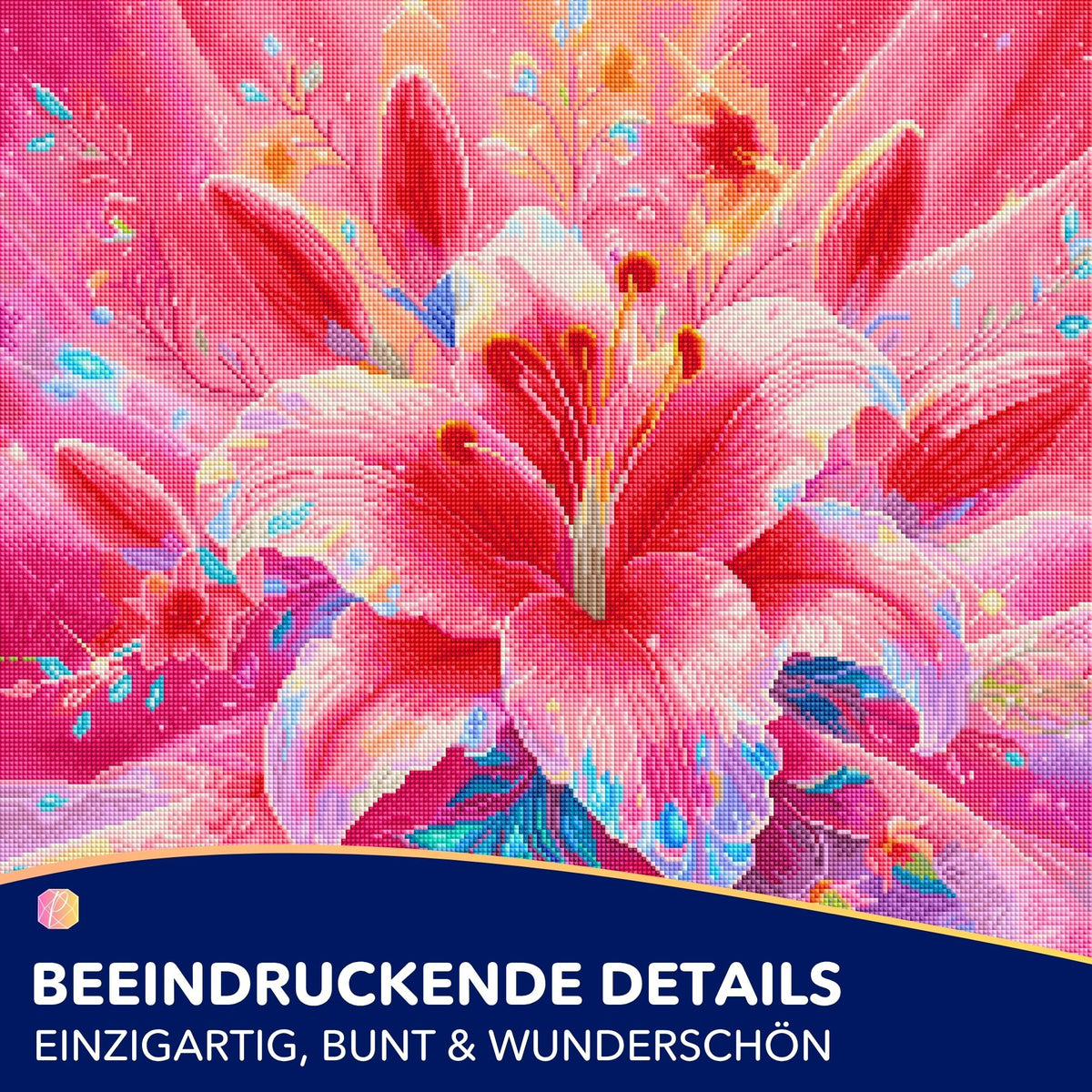 Diamond Painting Set mit detaillierter rosa Lilie, leuchtenden Farben und glitzernden AB-Steinen auf Leinwand