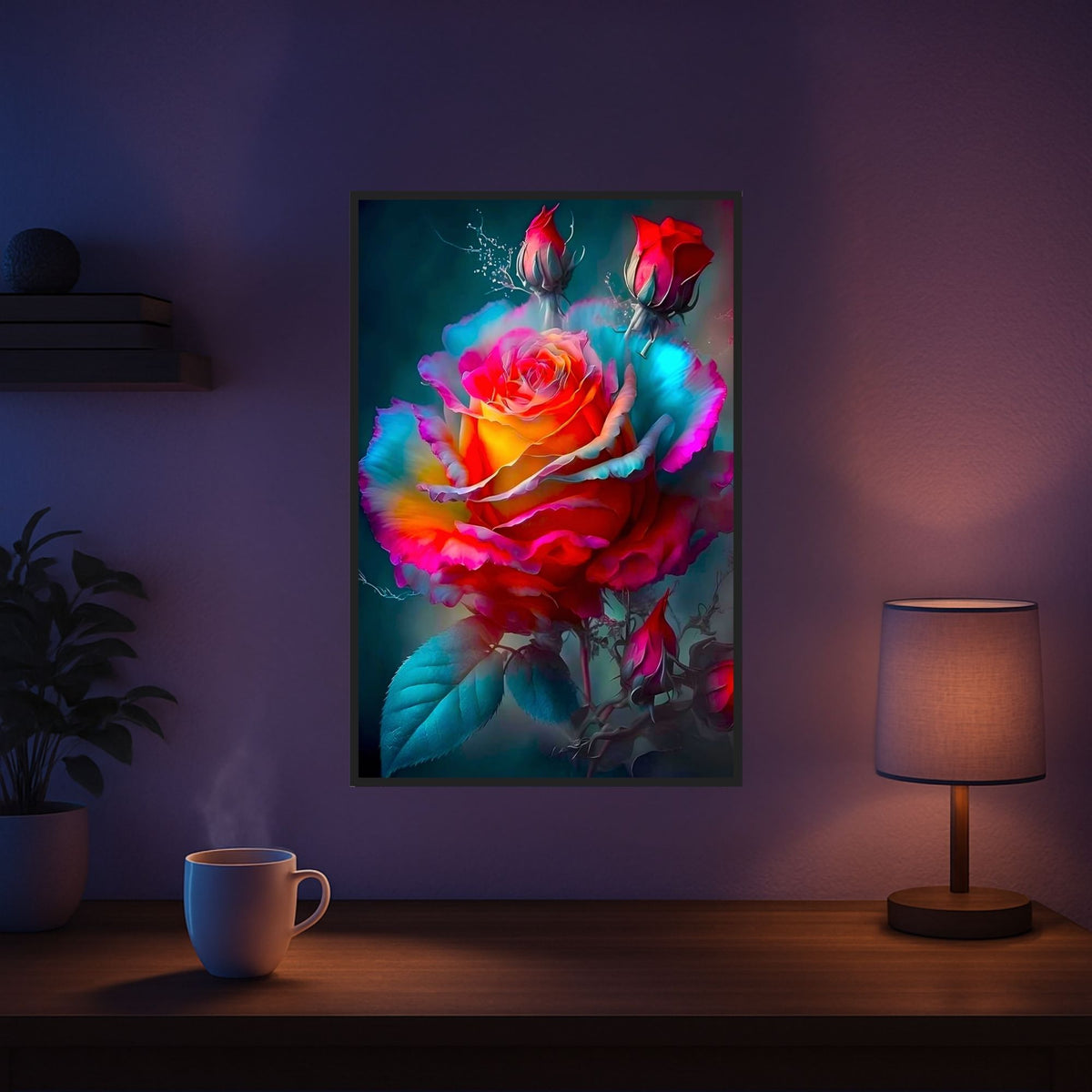 Diamond Painting Set Zarte Rosenblüte als bunt leuchtendes Rosen-Motiv mit glitzernden Steinen an der Wand