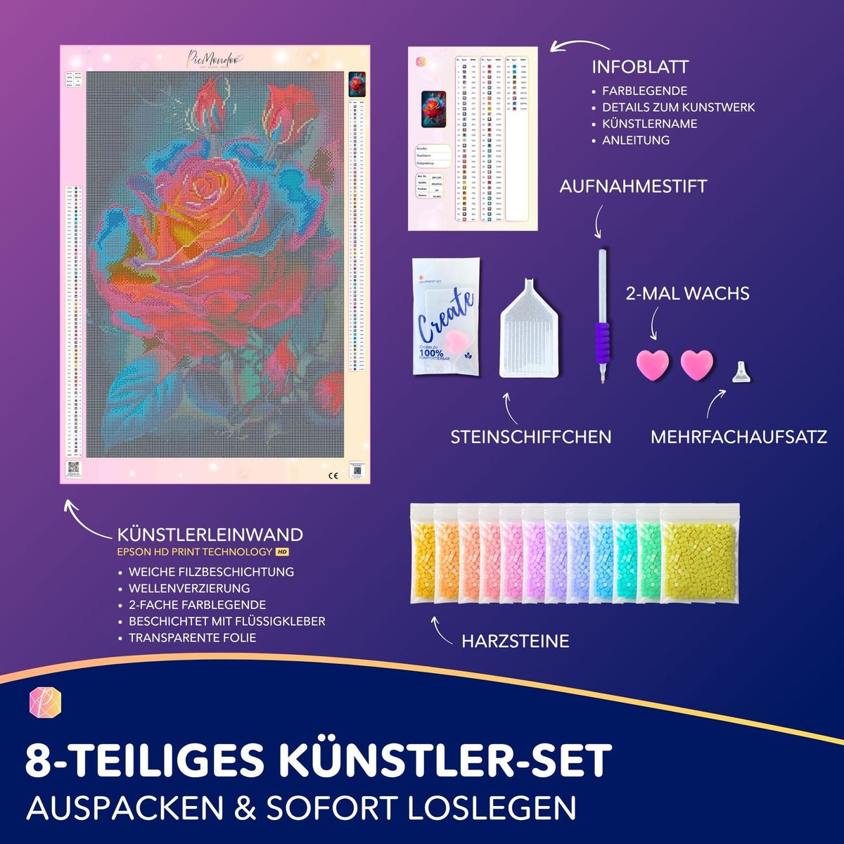 Diamond Painting Set Zarte Rosenblüte mit bunter Rose, Leinwand, Harzsteinen und Zubehör für DIY-Kunstwerke.