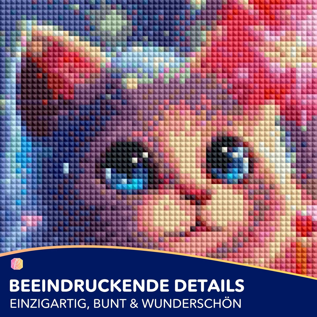 Detailaufnahme eines bunten Diamond Painting Kätzchen-Motivs mit funkelnden Steinen in leuchtenden Regenbogenfarben