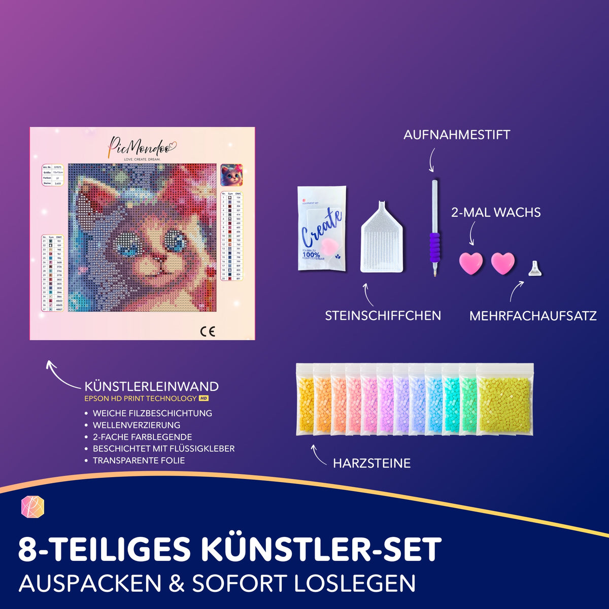 Picmondoo Diamond Painting Set Zauberkätzchen mit bunter Babykatze-Leinwand, Harzsteinen, Stift und Werkzeug