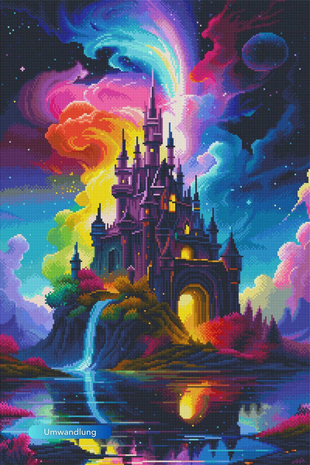 Diamond Painting Set Zauberschloss mit 100 Farben, buntem Fantasy-Motiv und funkelnden Steinen auf Leinwand