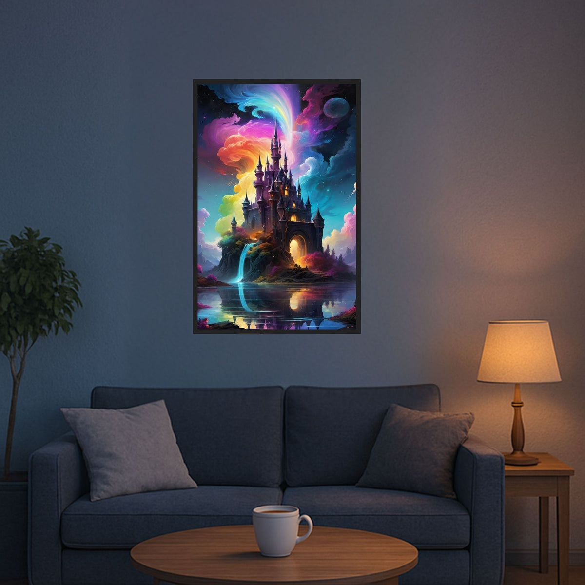 Diamond Painting Set Zauberschloss mit bunten Wolken und Wasserfall als Wanddeko im Wohnzimmer