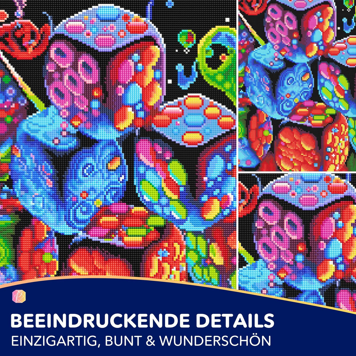 Diamond Painting Set Zeit der Spiele mit bunten, funkelnden Würfeln auf schwarzem Hintergrund in Nahaufnahme