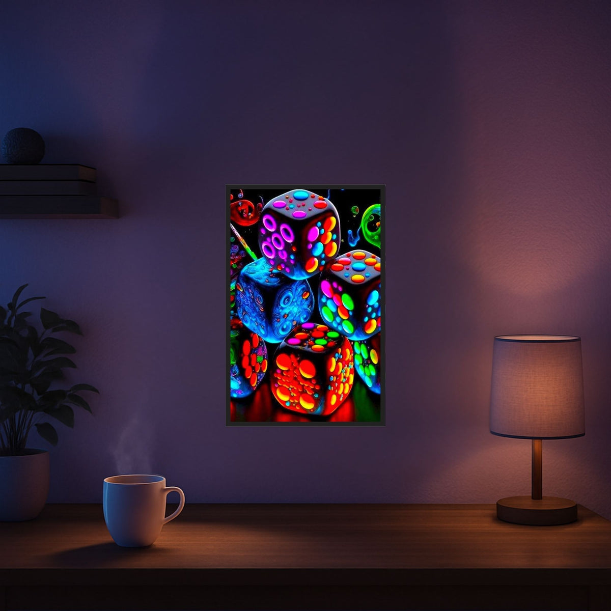 Diamond Painting Set Zeit der Spiele: Bunte, leuchtende Würfel mit glitzernden Steinen als modernes Wandbild.