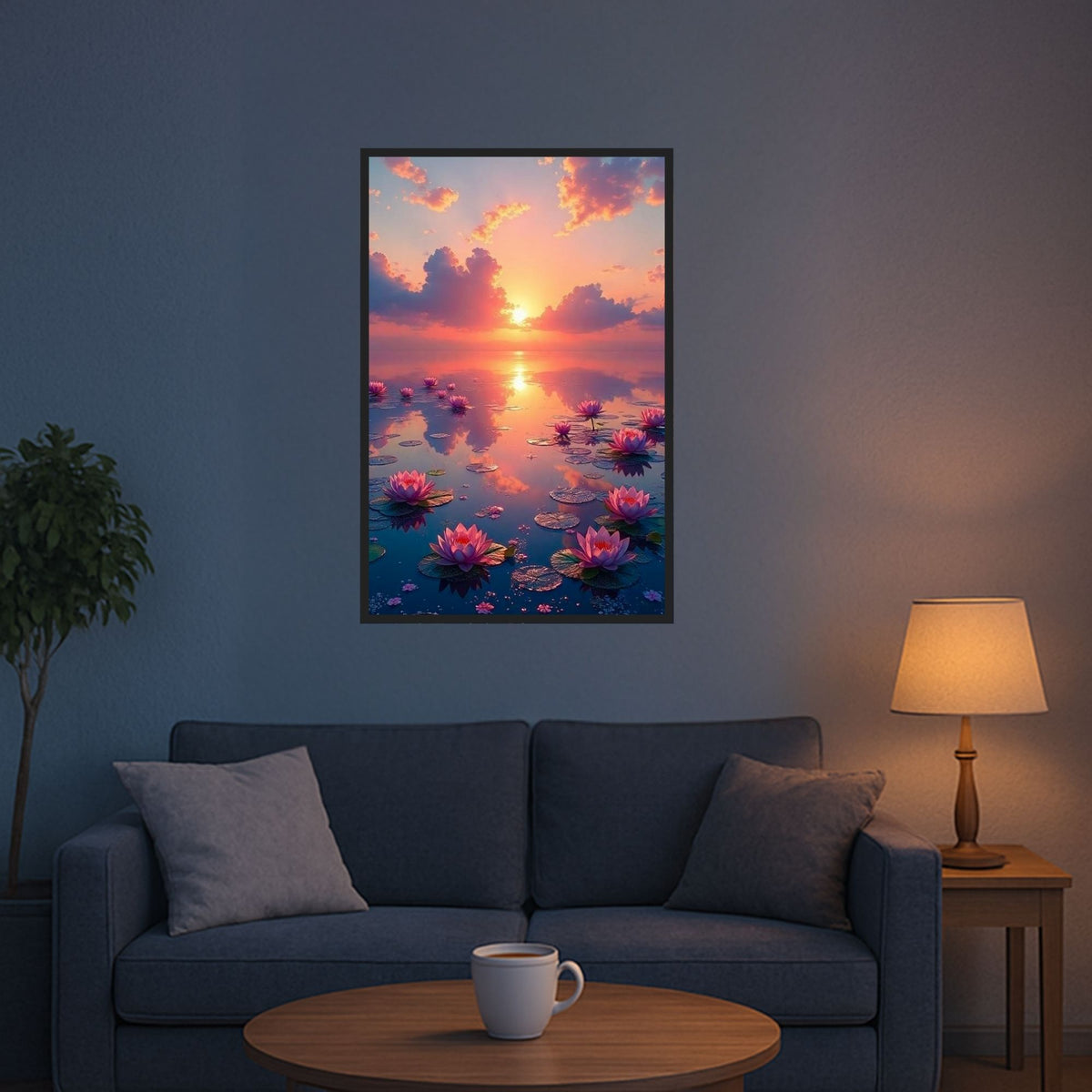 Diamond Painting Set Abenddämmerung mit rosa Seerosen auf einem See vor einem malerischen Sonnenuntergang, gerahmt im Wohnzimmer