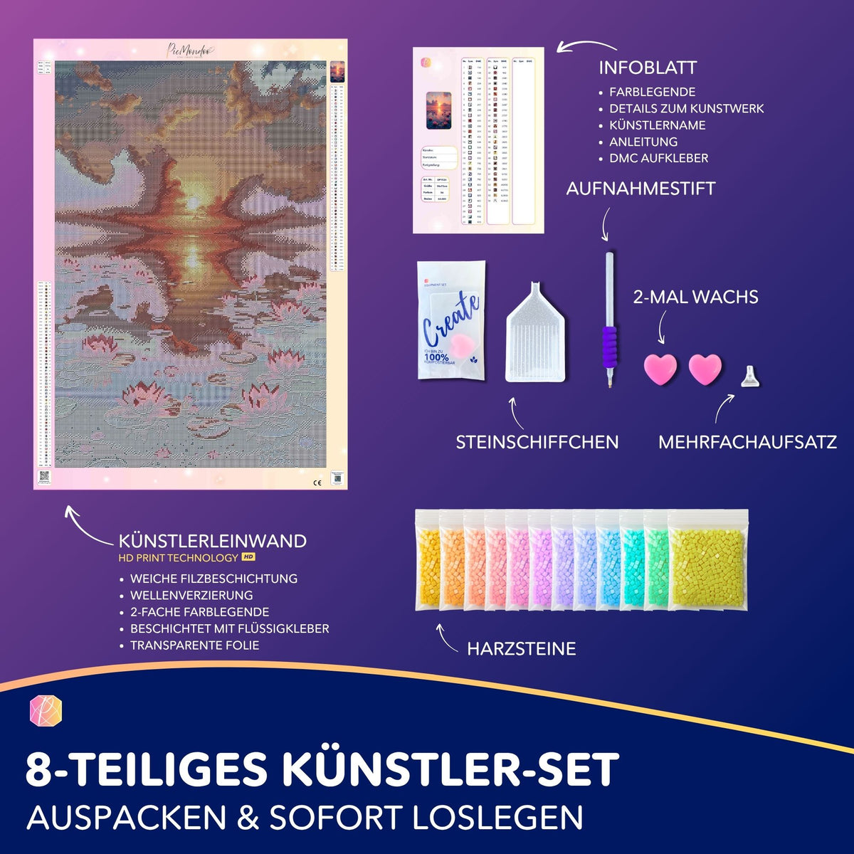 Diamond Painting Set Abenddämmerung mit Seerosen-Motiv, Zubehör, bunten Steinen und 8-teiligem Künstler-Set für Erwachsene