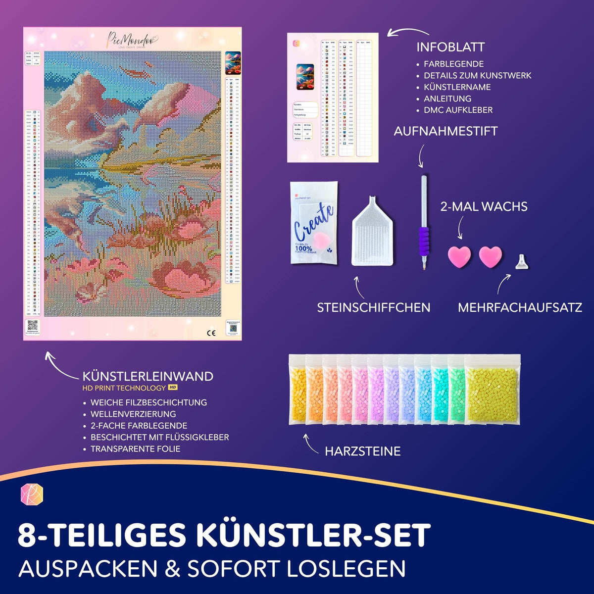 Diamond Painting Set Blick auf den See mit Leinwand, bunten Harzsteinen und Zubehör für DIY Kunstwerke.