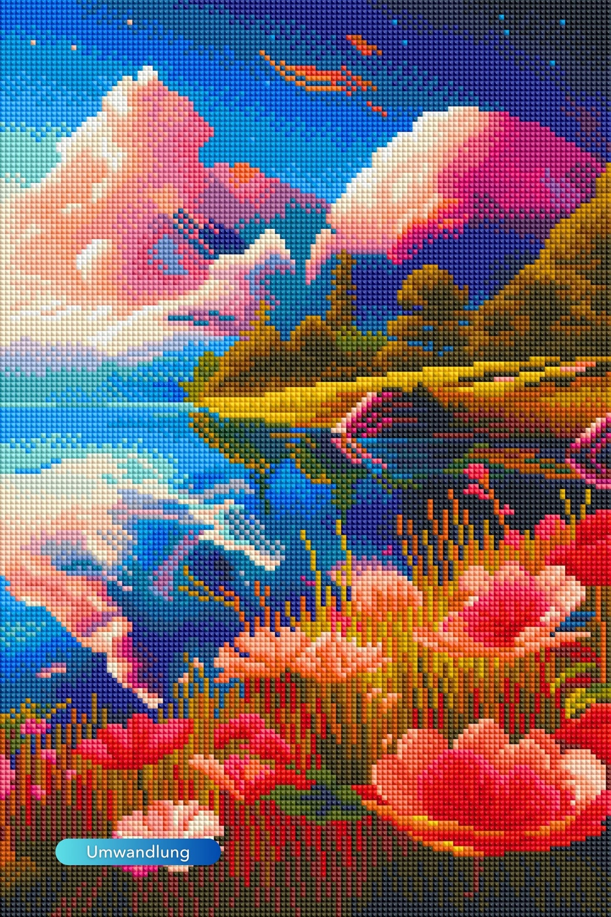Diamond Painting Set Blick auf den See mit pinken Blumen, leuchtenden Farben und funkelnden Steinen als Naturmotiv