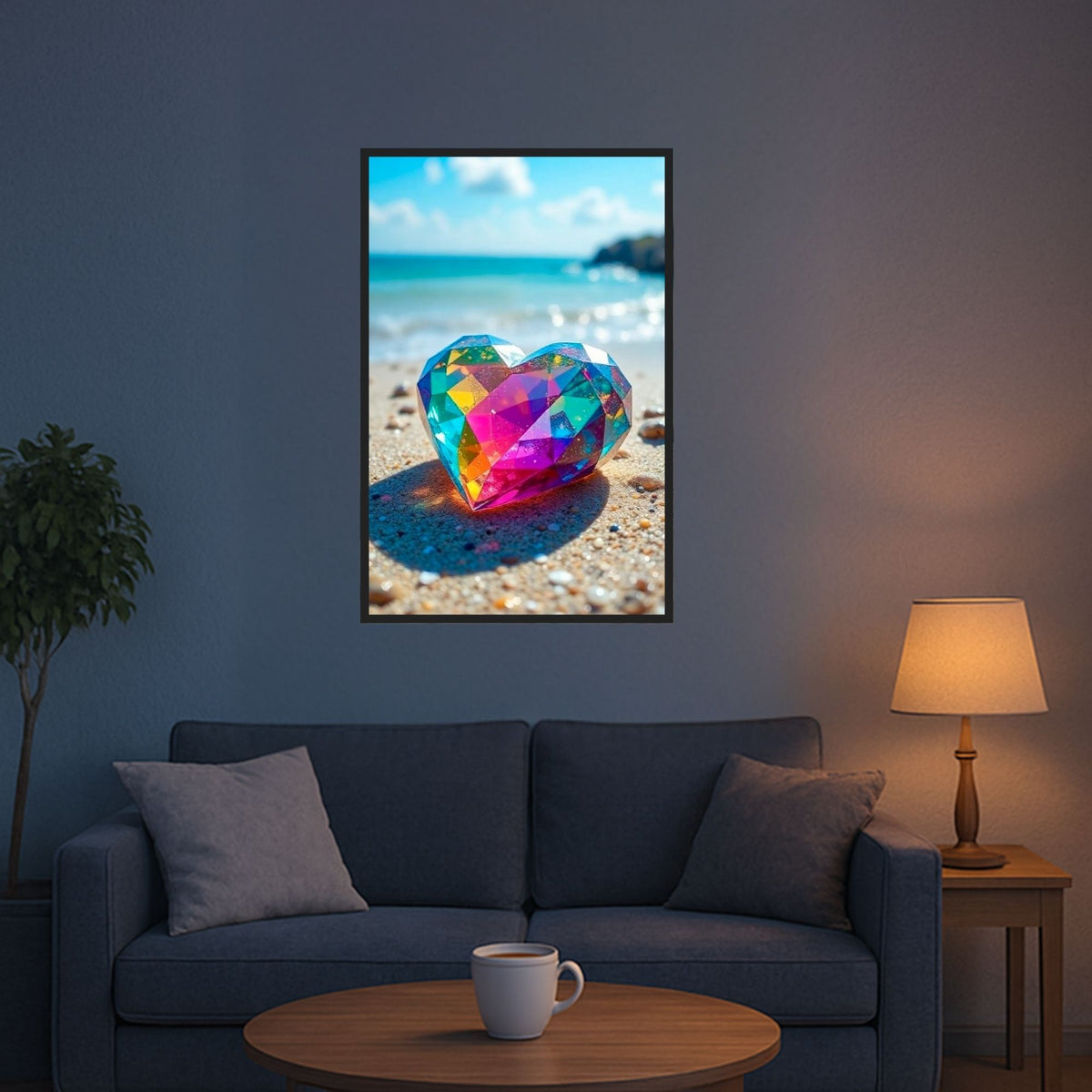Fertiges Diamond Painting Set Kristallherz am Strand mit leuchtenden Strasssteinen als Wandbild im Wohnzimmer