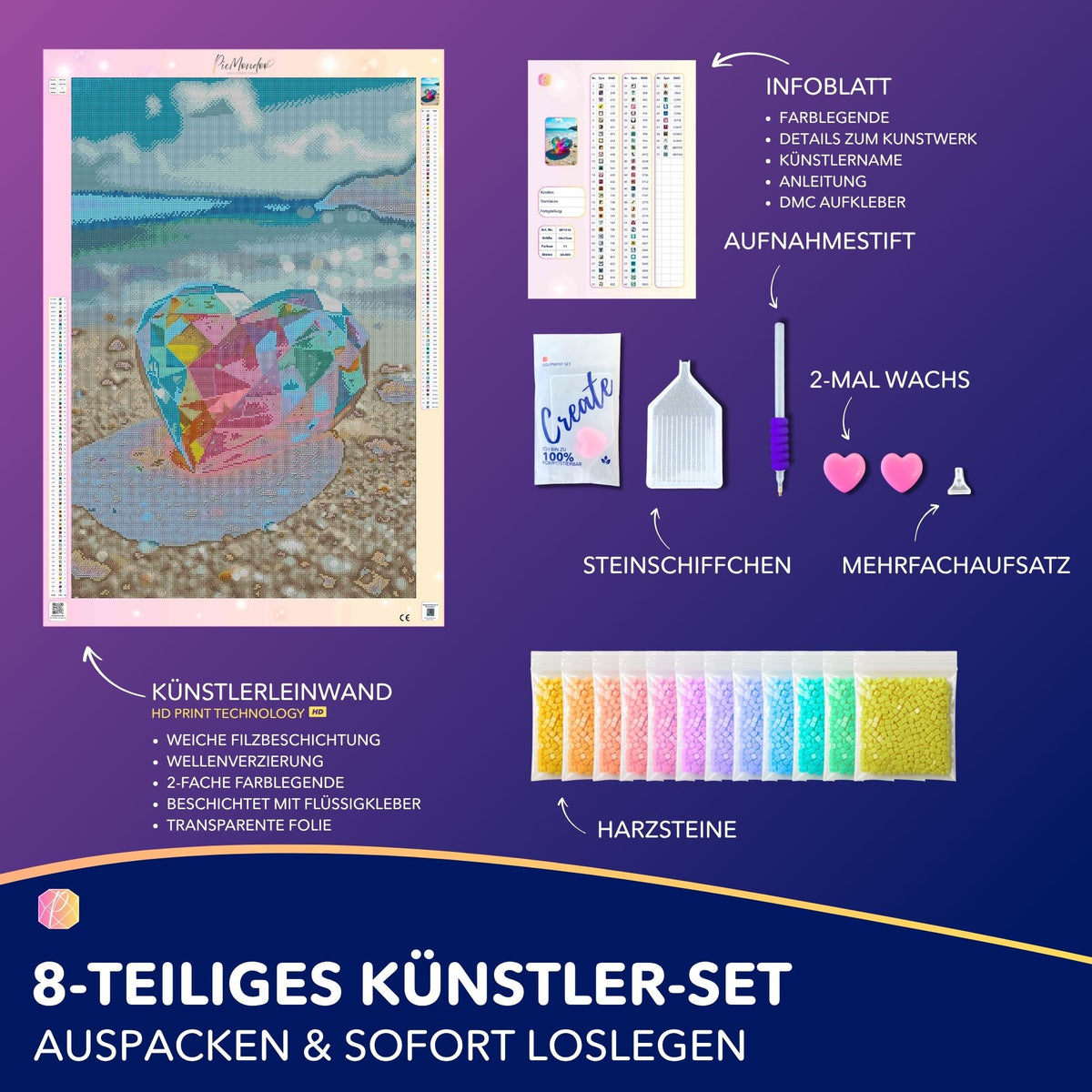 Diamond Painting Set Crystal Heart mit Leinwand, bunten Harzsteinen und Zubehör für ein buntes Herz-Motiv am Strand