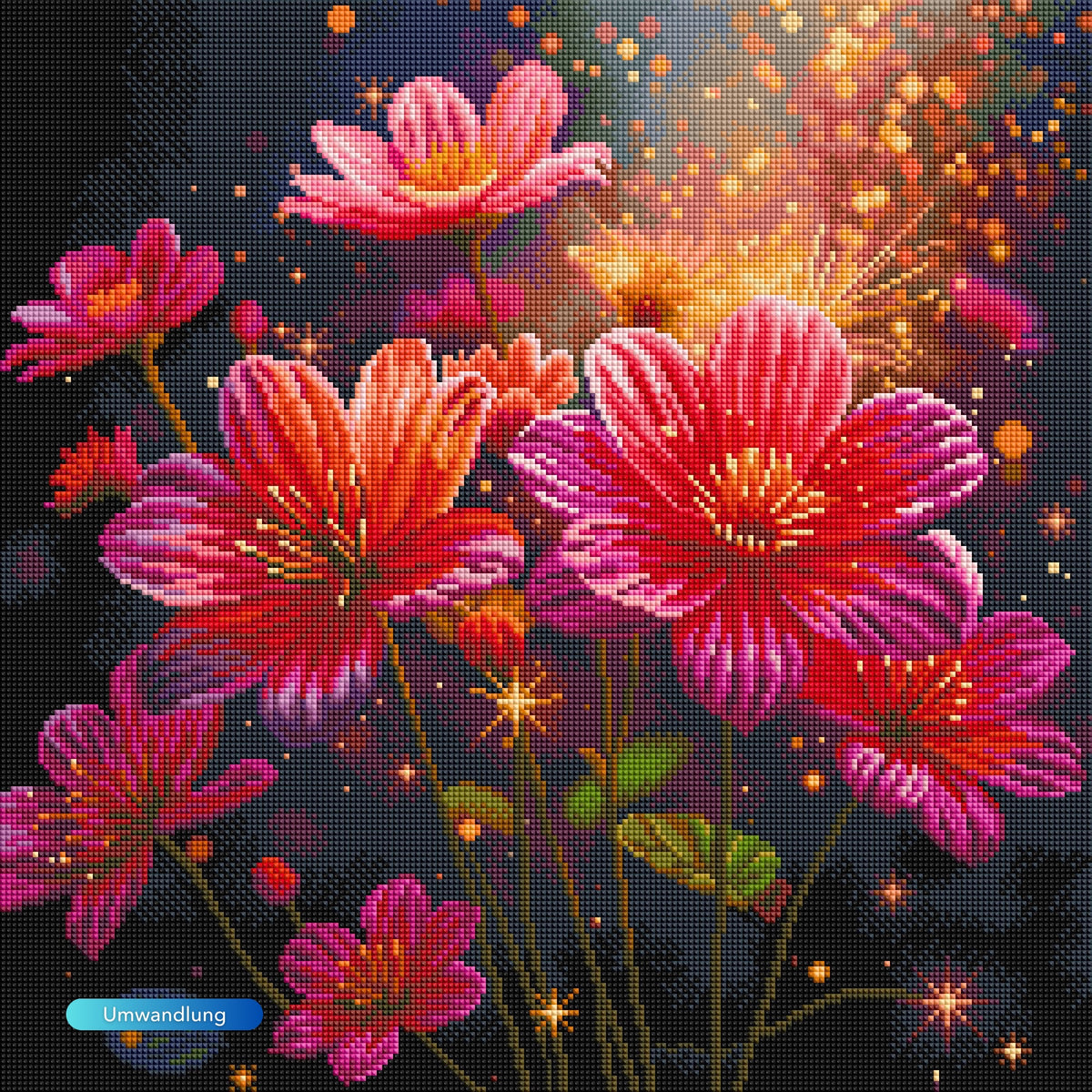 Diamond Painting Set Flower Sparkle mit rosa Blumen, funkelnden Steinen und leuchtendem Fantasy-Hintergrund