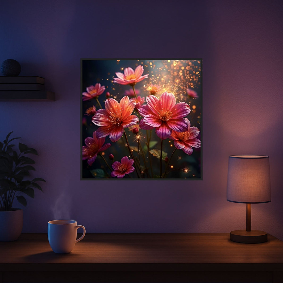 Diamond Painting mit rosa Blumenmotiv und funkelnden Glitzer-Effekten in einer gemütlichen Raum-Deko.