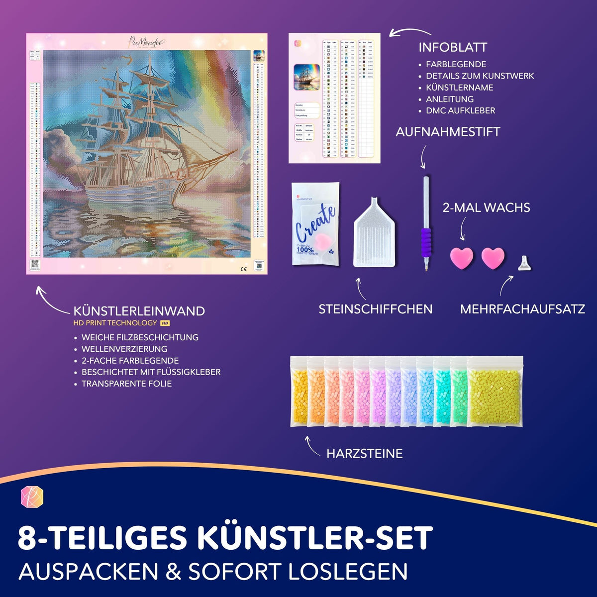 Diamond Painting Set Freiheit auf See mit bunter Segelschiff-Leinwand, Zubehör und bunten Steinen für DIY-Kunstwerke.