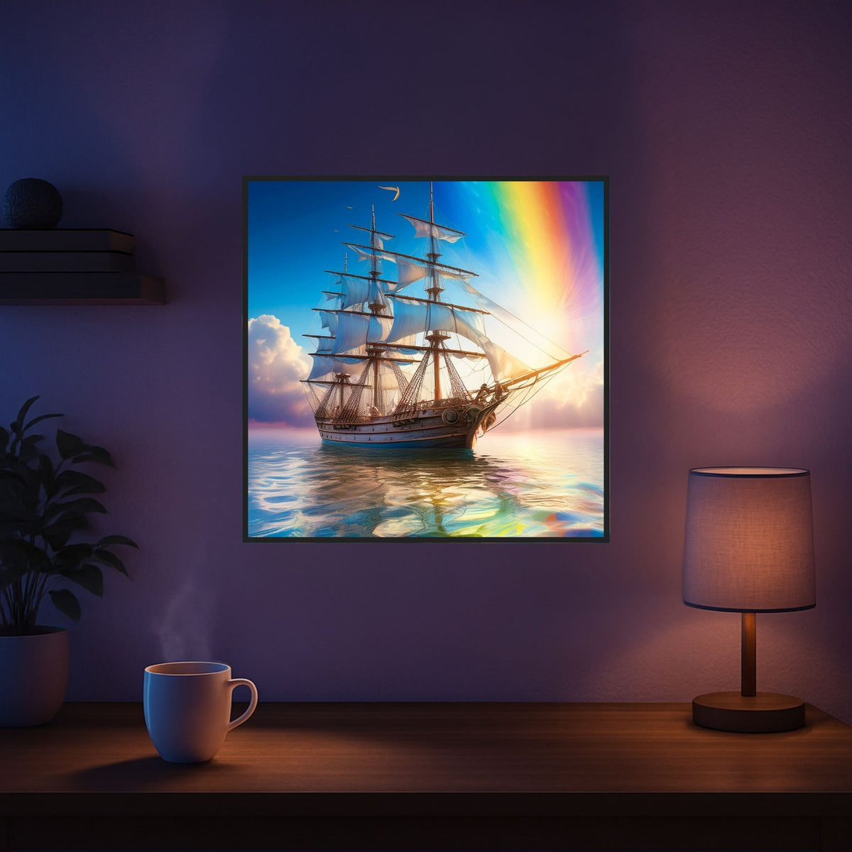 Diamond Painting Set Freiheit auf See: Segelschiff auf dem Meer mit Regenbogen als buntes Wandbild im Wohnzimmer
