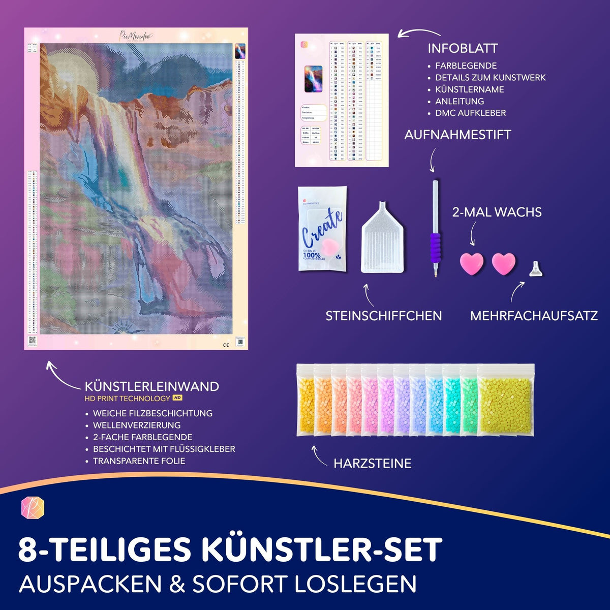 Diamond Painting Set Glanz des Wasserfalls mit Leinwand, bunten Harzsteinen und Zubehör für DIY-Kunstwerke