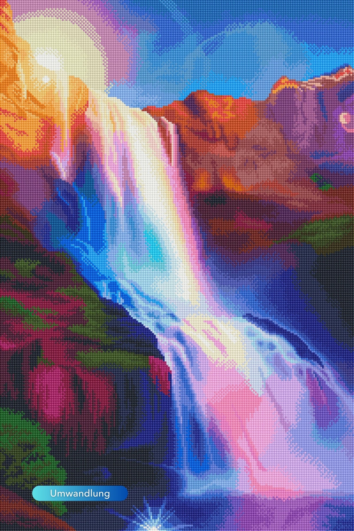Diamond Painting Set mit buntem Wasserfall-Motiv in leuchtenden Farben und glitzernden Strasssteinen
