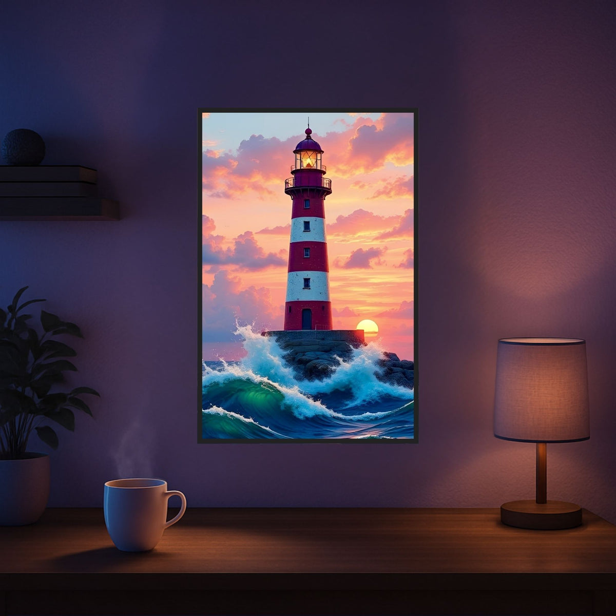 Diamond Painting Leuchtturm bei Sonnenuntergang mit Wellen als glitzerndes DIY-Set für Erwachsene
