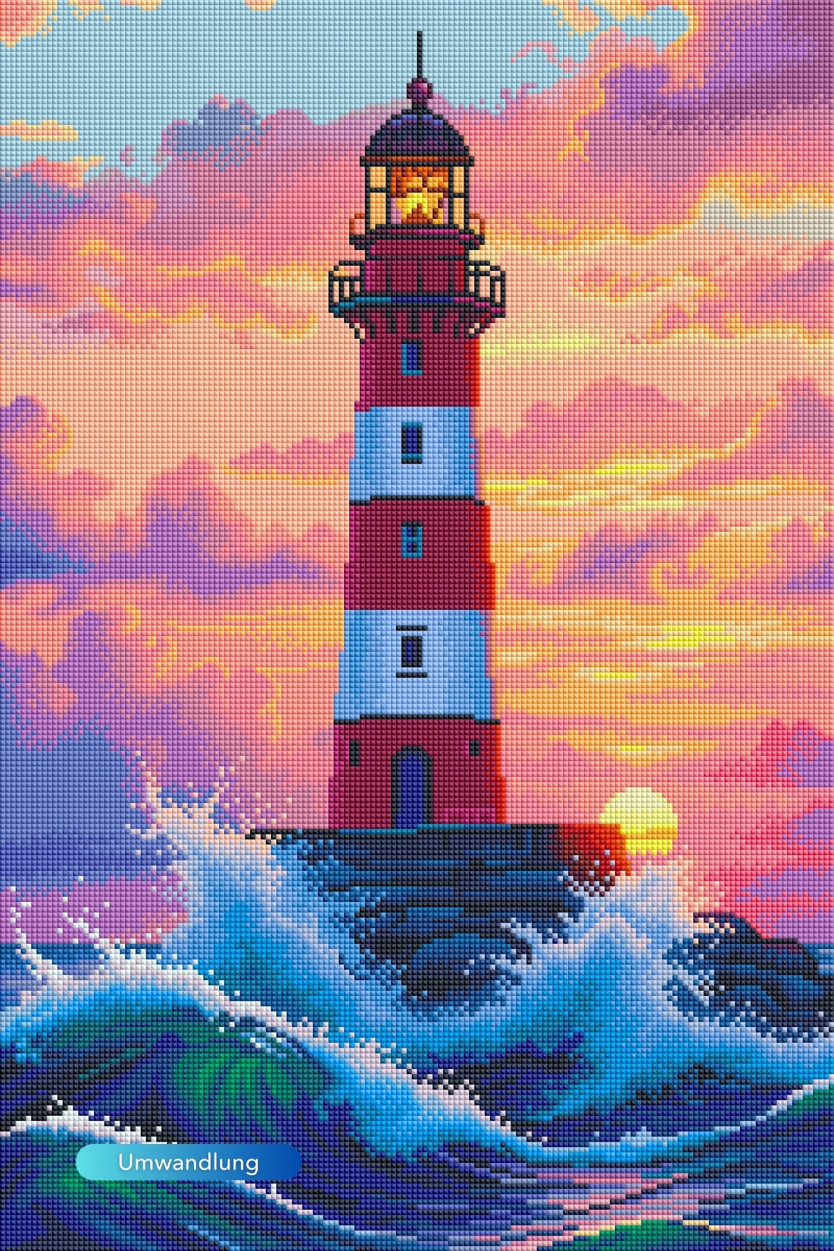 Diamond Painting Set Leuchtturm im Meer bei rosa Sonnenuntergang mit Wellengang und bunten Glitzersteinen