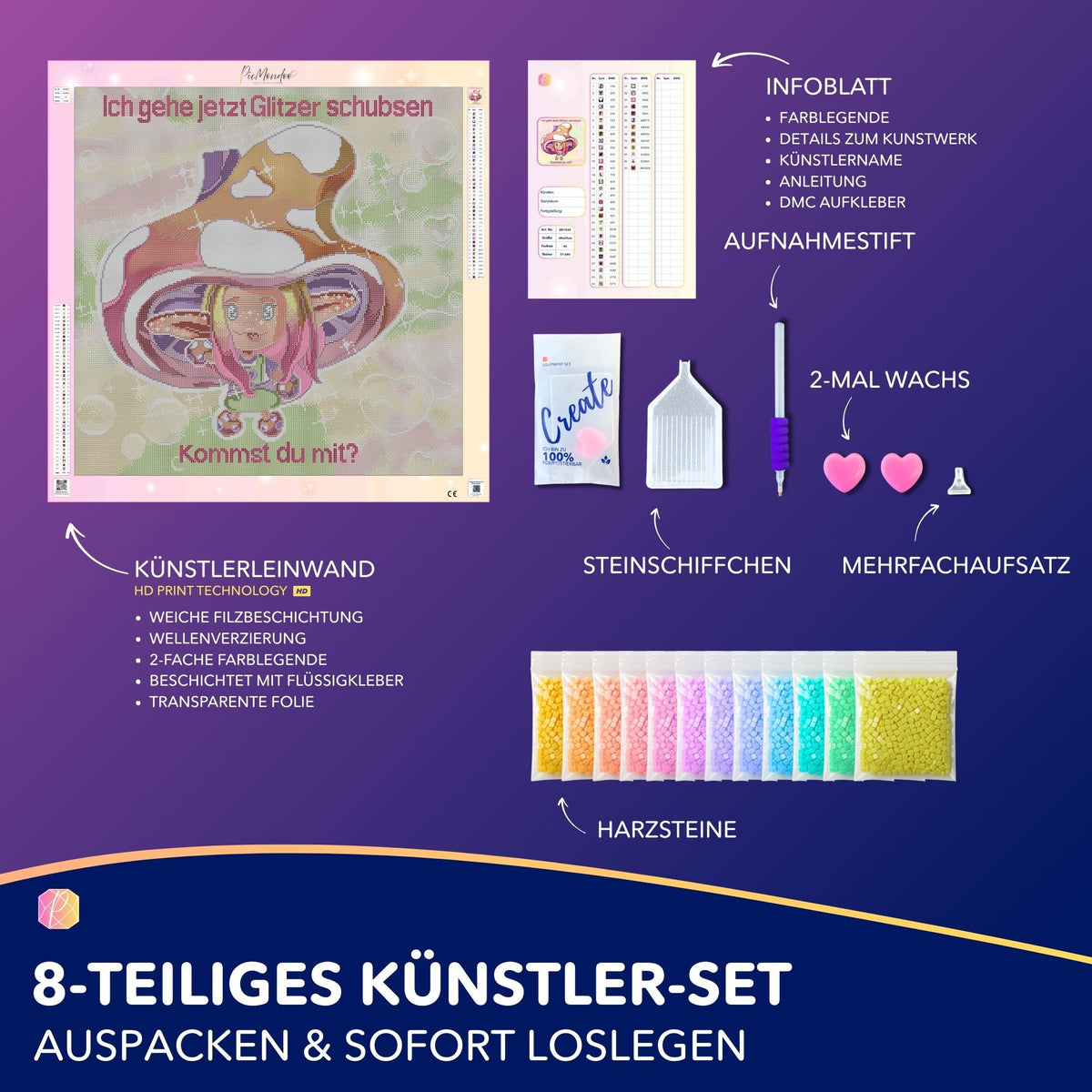 Diamond Painting Set Moni Shroomi mit Leinwand, bunten Glitzersteinen und Zubehör für kreatives Fantasy-Basteln