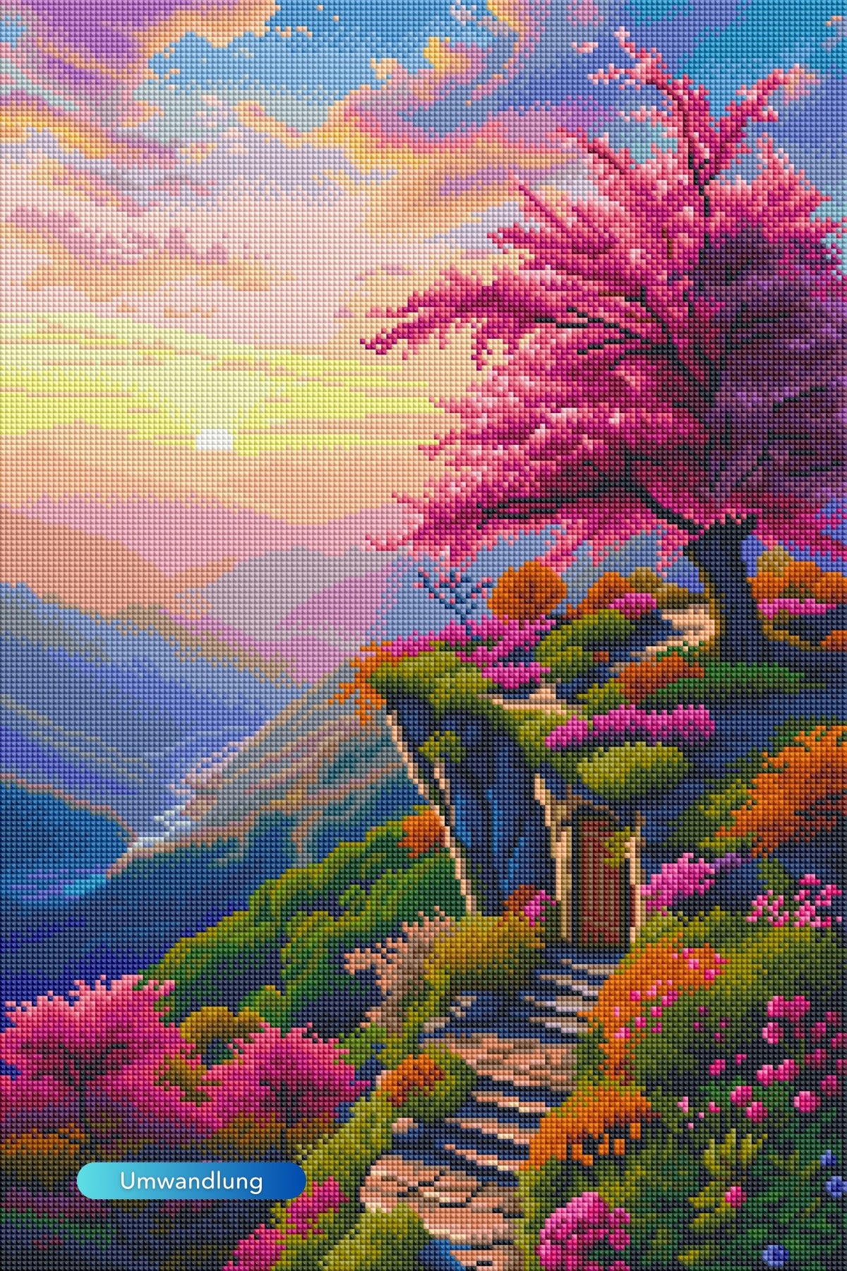 Diamond Painting Set Morgendämmerung: farbenfrohe Berglandschaft mit pinken Bäumen, Naturpfad und rosa Himmel bei Sonnenaufgang